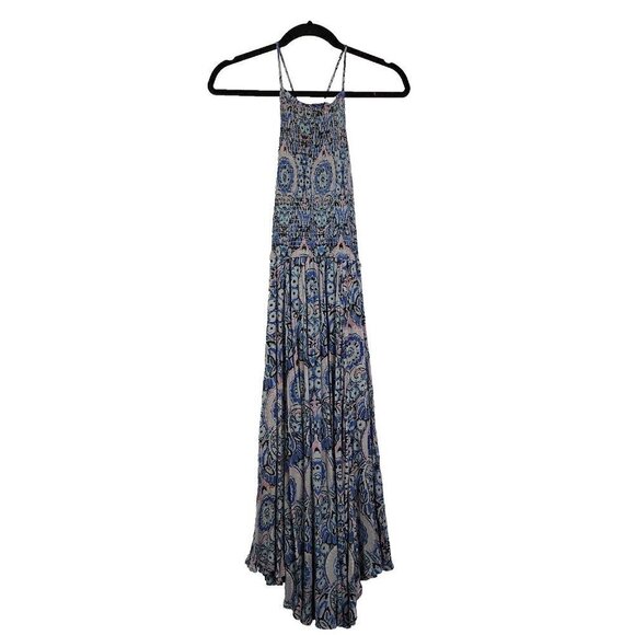 Free People Small Season of the Sun Midi Slip Dress Smocked Blue Gray Rayon Boho - Picture 1 of 11
